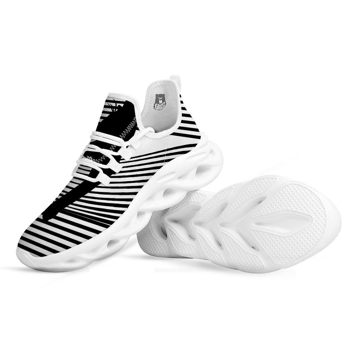 Striped Black Cat Print White Running Shoes-grizzshop