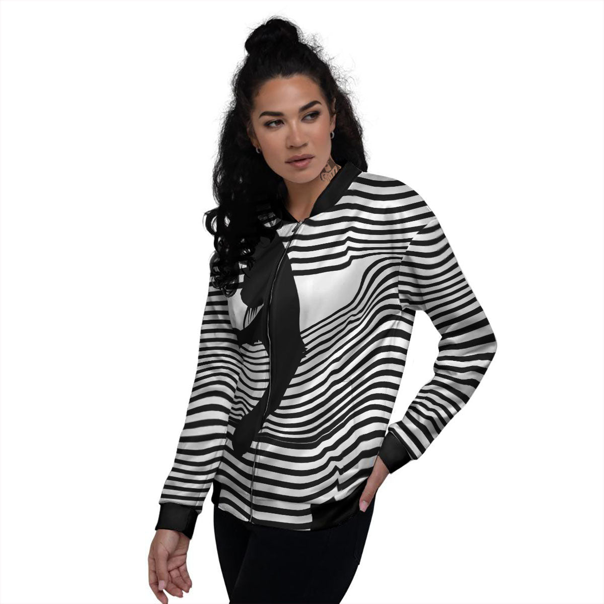 Striped Black Cat Print Women's Bomber Jacket-grizzshop