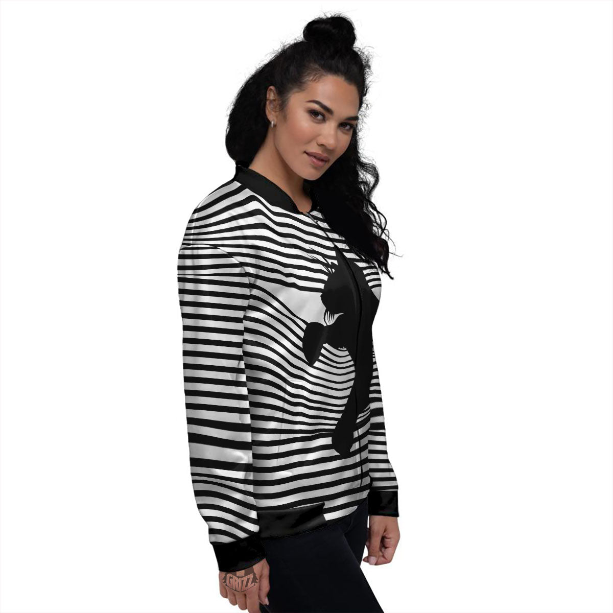 Striped Black Cat Print Women's Bomber Jacket-grizzshop