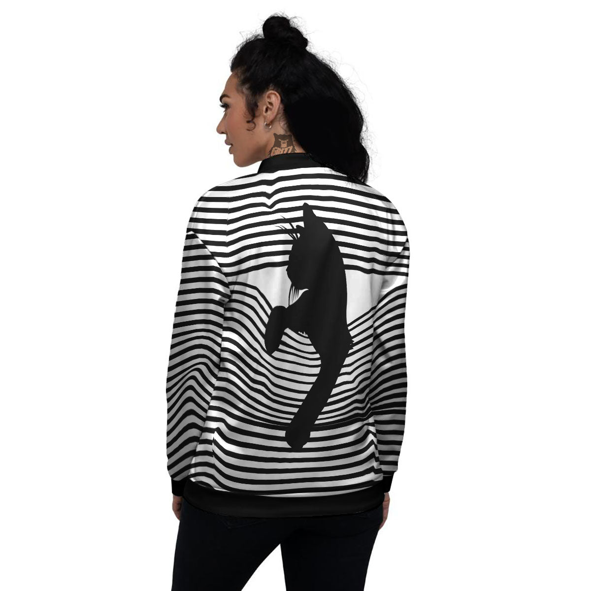Striped Black Cat Print Women's Bomber Jacket-grizzshop