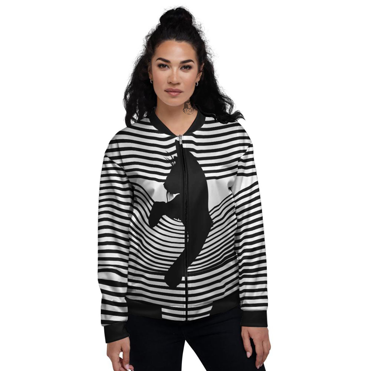 Striped Black Cat Print Women's Bomber Jacket-grizzshop