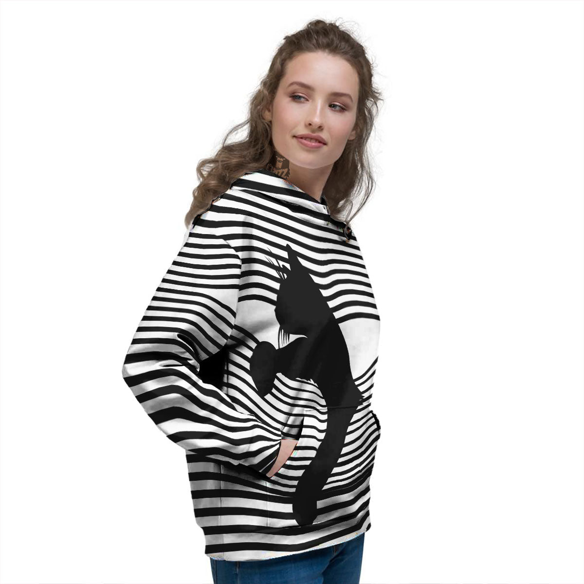 Striped Black Cat Print Women's Hoodie-grizzshop