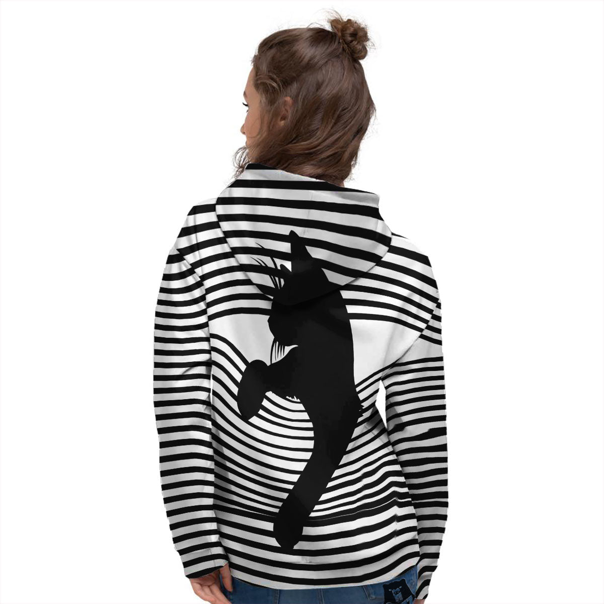 Striped Black Cat Print Women's Hoodie-grizzshop