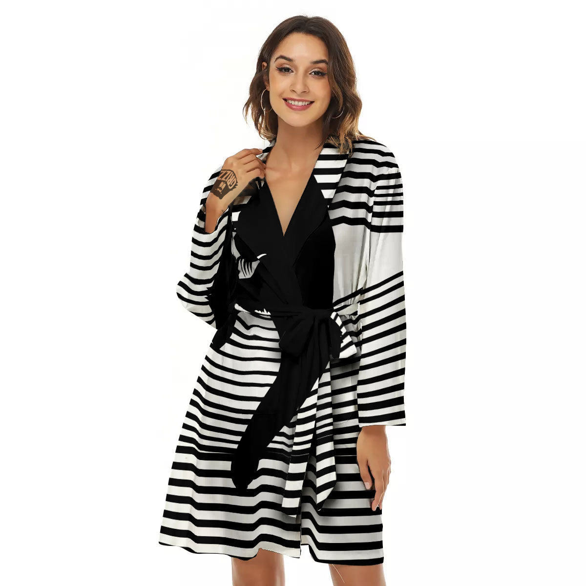 Striped Black Cat Print Women's Robe-grizzshop