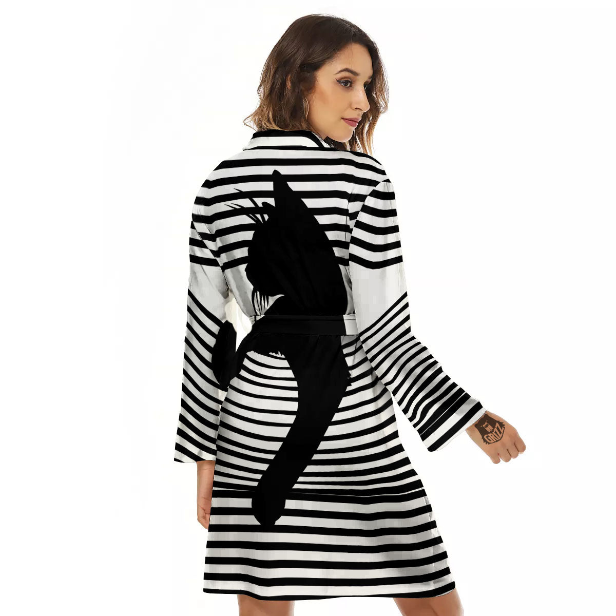 Striped Black Cat Print Women's Robe-grizzshop