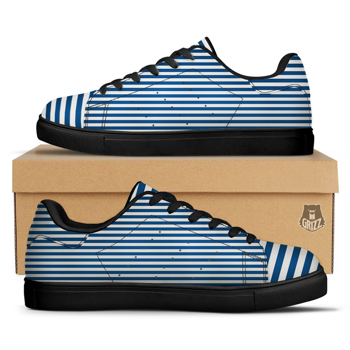 Striped Blue Print Pattern Black Low Top Sneakers-grizzshop
