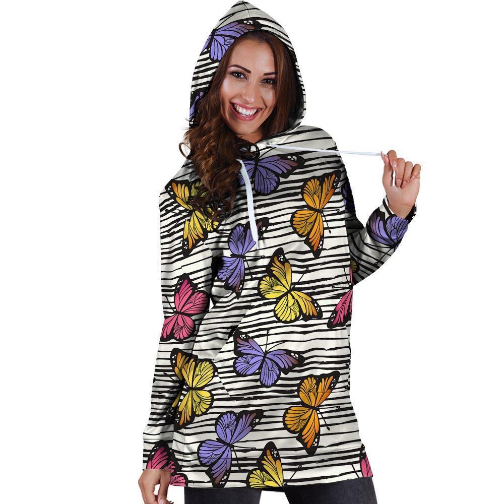Striped Butterfly Print Hoodie Dress-grizzshop