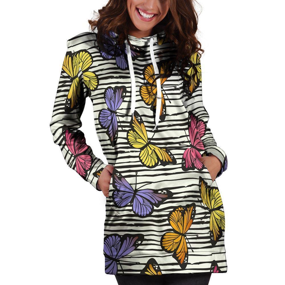 Striped Butterfly Print Hoodie Dress-grizzshop
