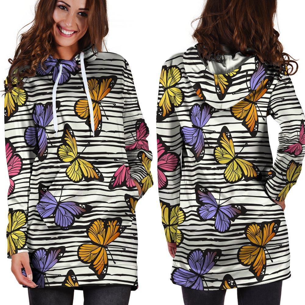 Striped Butterfly Print Hoodie Dress-grizzshop