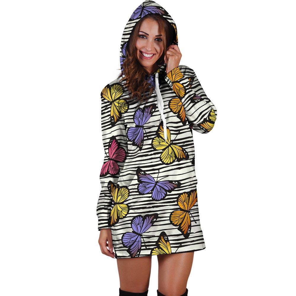 Striped Butterfly Print Hoodie Dress-grizzshop