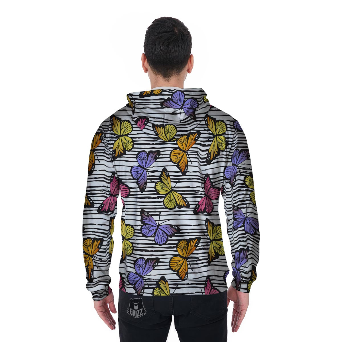 Striped Butterfly Print Men's Zip Up Hoodie-grizzshop