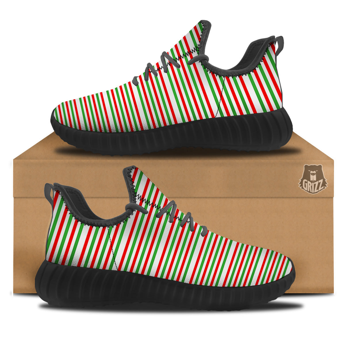 Striped Candy Cane Print Pattern Black Walking Shoes-grizzshop