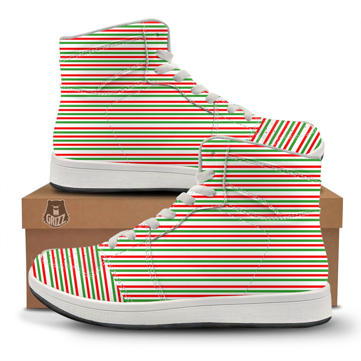 Striped Candy Cane Print Pattern High Top Sneakers-grizzshop