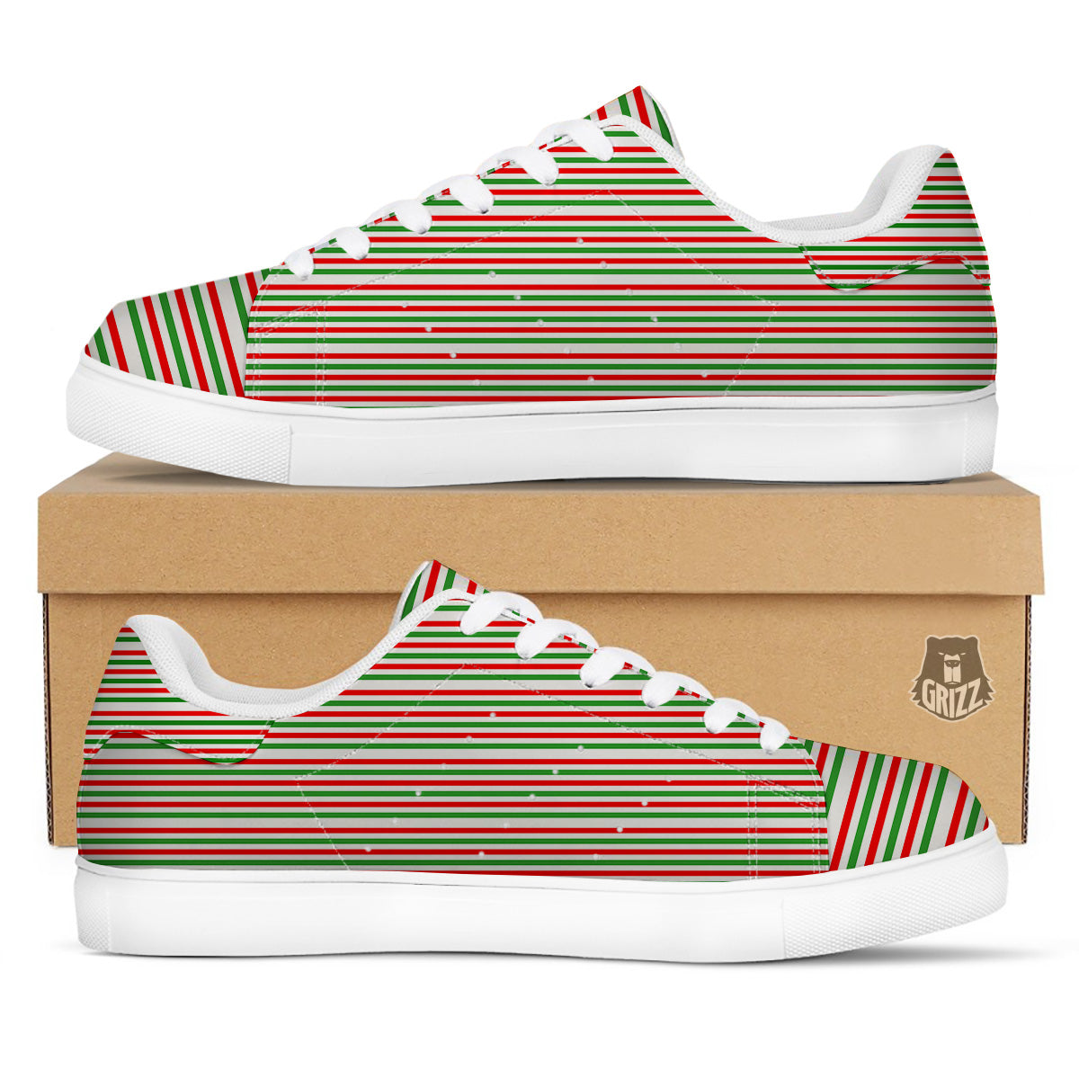 Striped Candy Cane Print Pattern White Low Top Sneakers-grizzshop