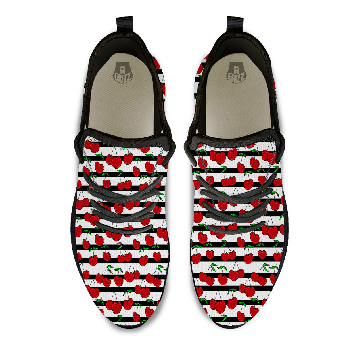 Striped Cherry Print Pattern Black Athletic Shoes-grizzshop