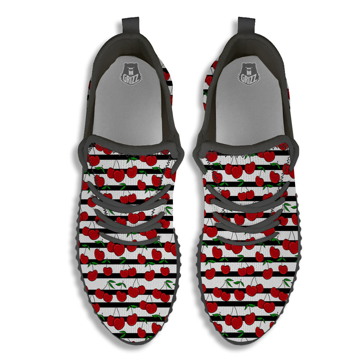 Striped Cherry Print Pattern Black Walking Shoes-grizzshop