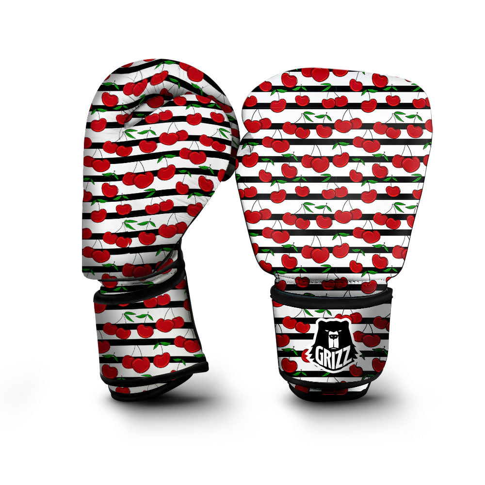 Striped Cherry Print Pattern Boxing Gloves-grizzshop