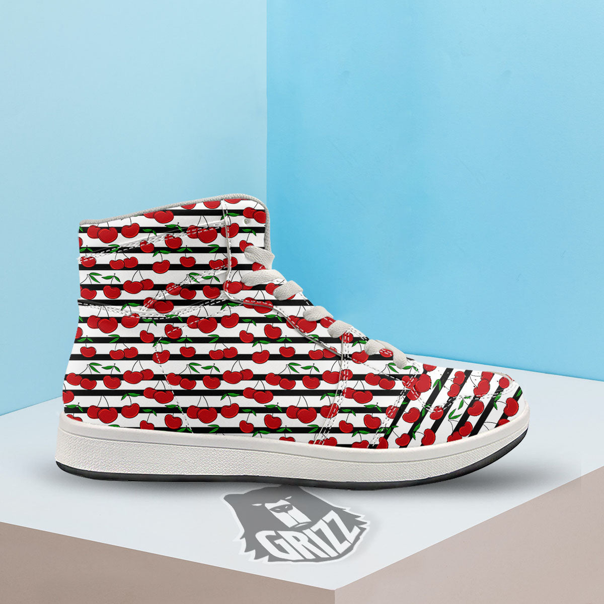 Striped Cherry Print Pattern High Top Sneakers-grizzshop
