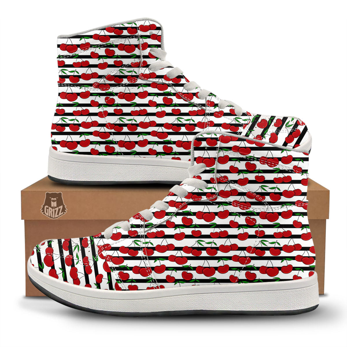 Striped Cherry Print Pattern High Top Sneakers-grizzshop