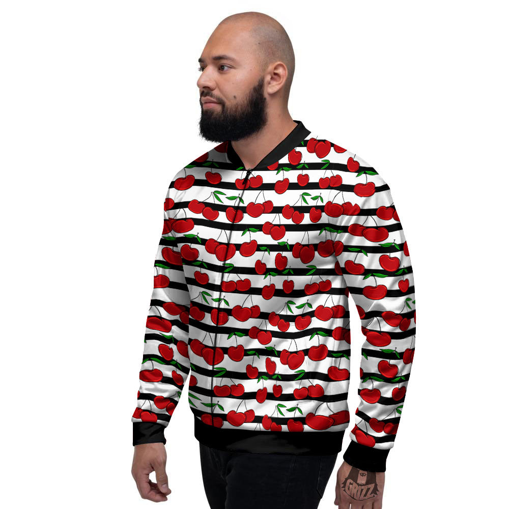 Striped Cherry Print Pattern Men's Bomber Jacket-grizzshop