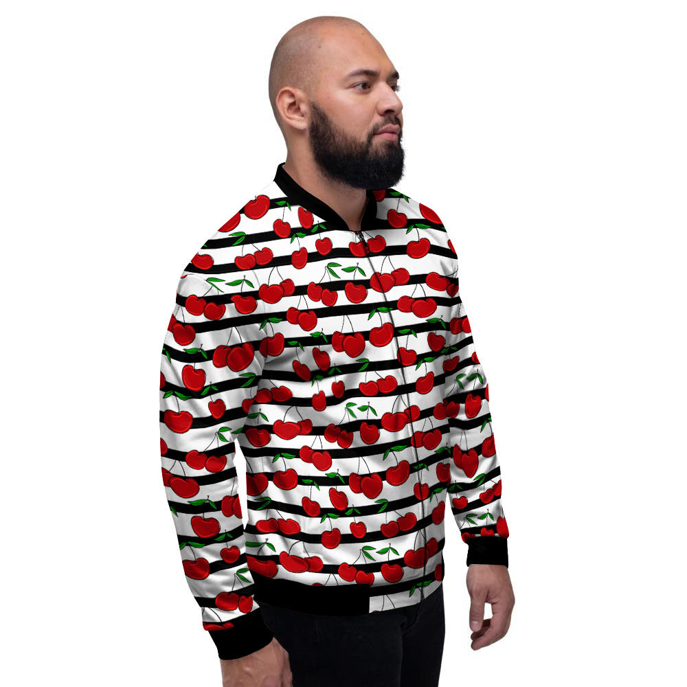 Striped Cherry Print Pattern Men's Bomber Jacket-grizzshop
