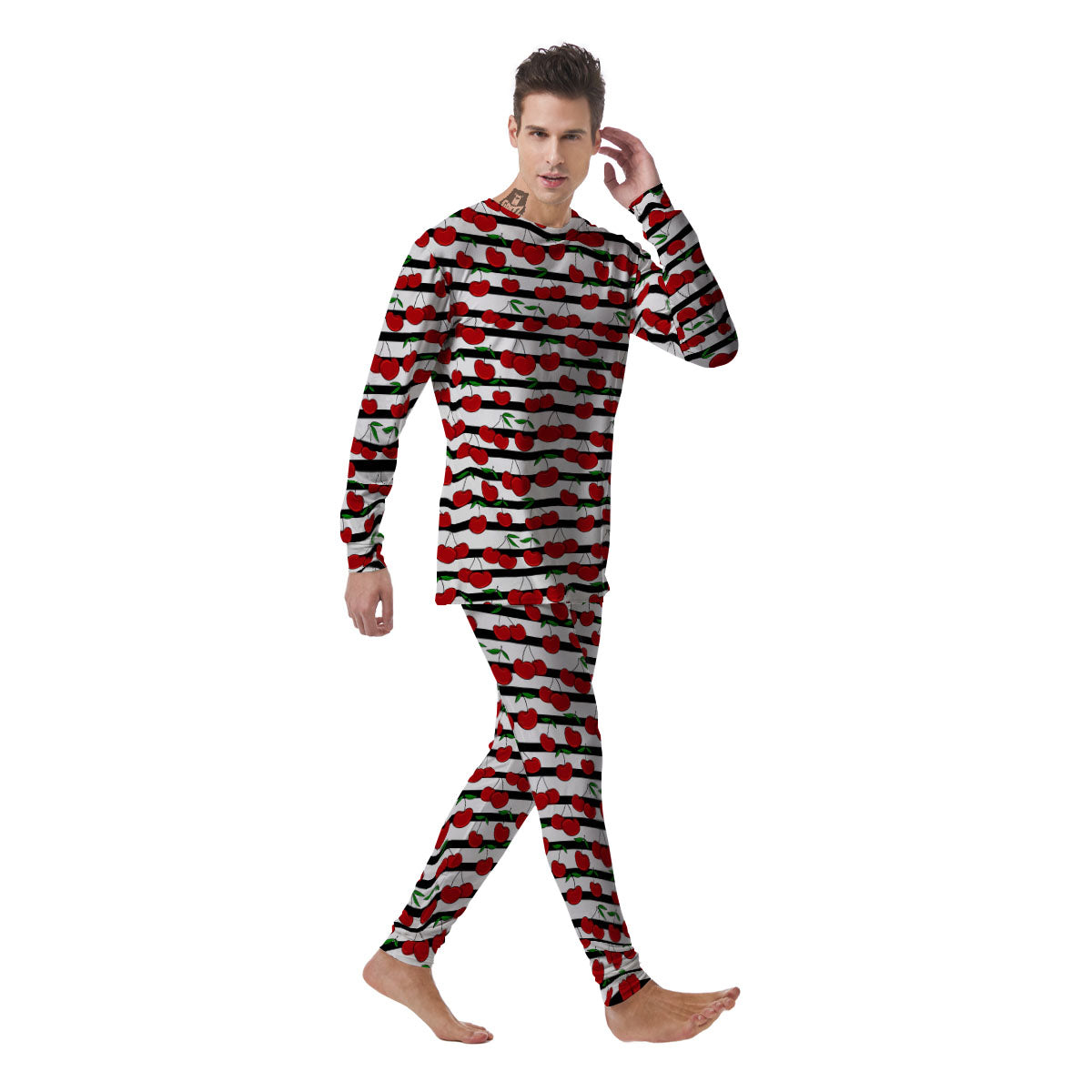 Striped Cherry Print Pattern Men's Pajamas-grizzshop