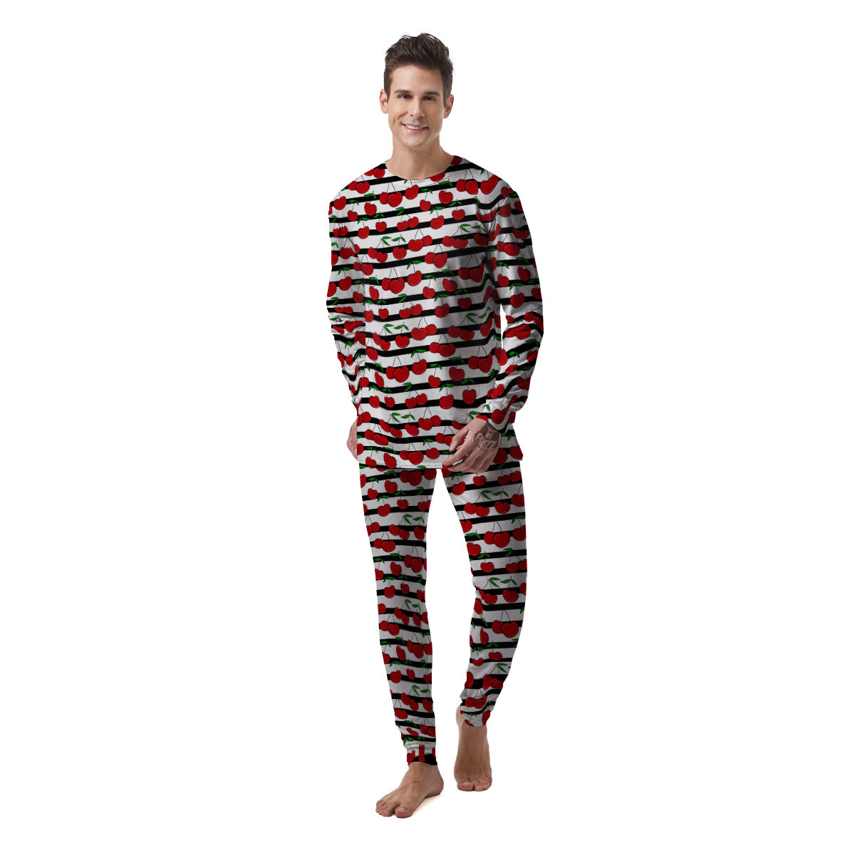 Striped Cherry Print Pattern Men's Pajamas-grizzshop