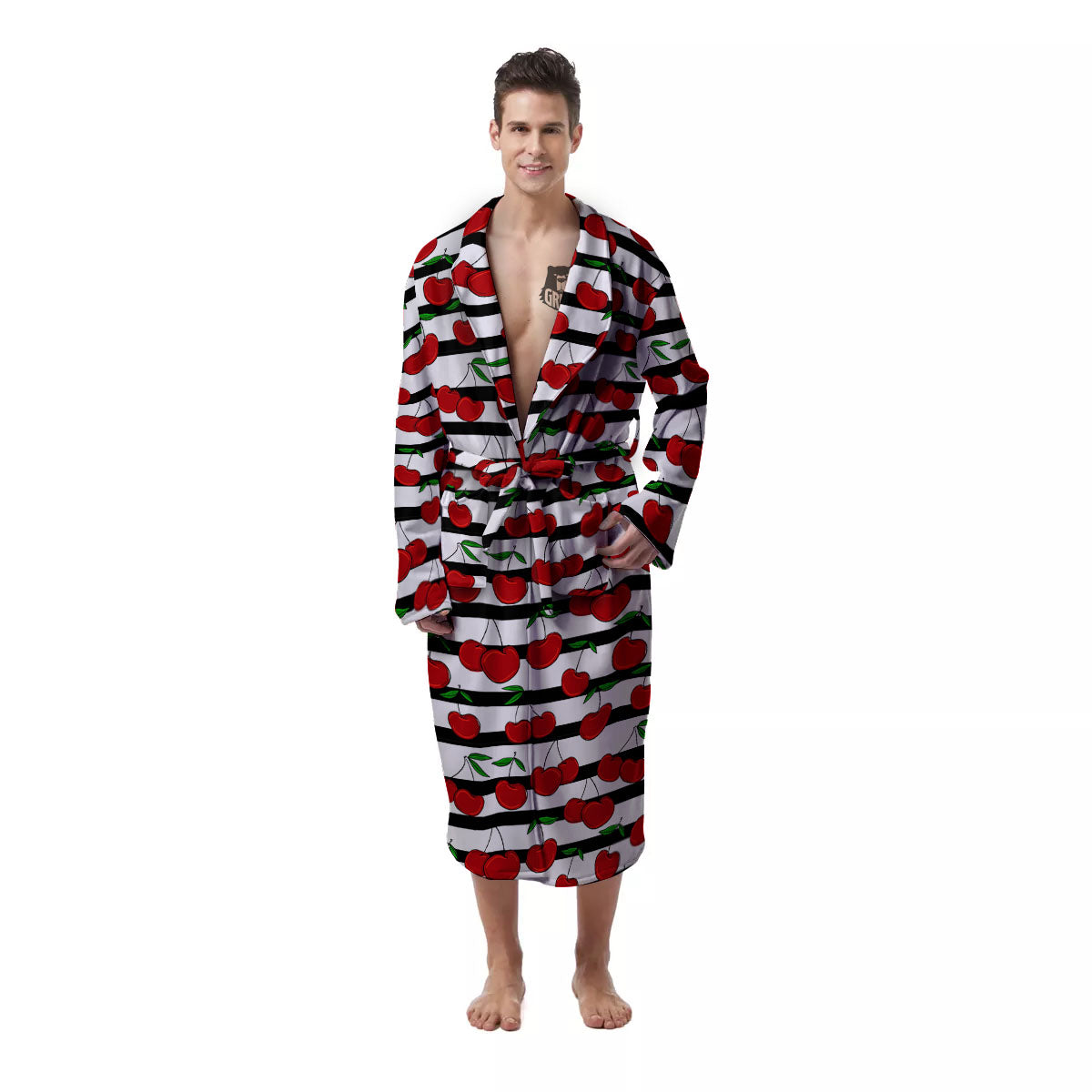 Striped Cherry Print Pattern Men's Robe-grizzshop