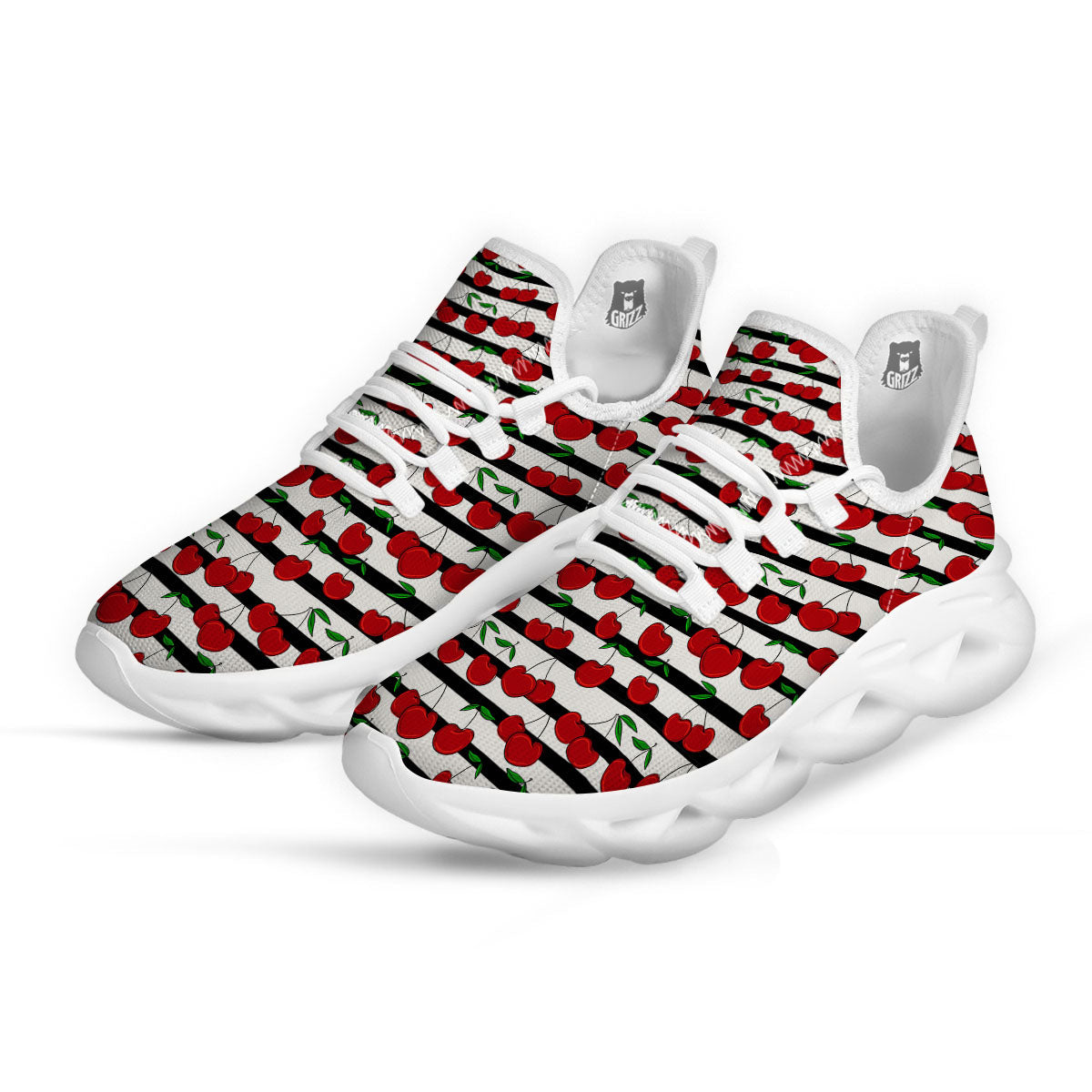 Striped Cherry Print Pattern White Running Shoes-grizzshop