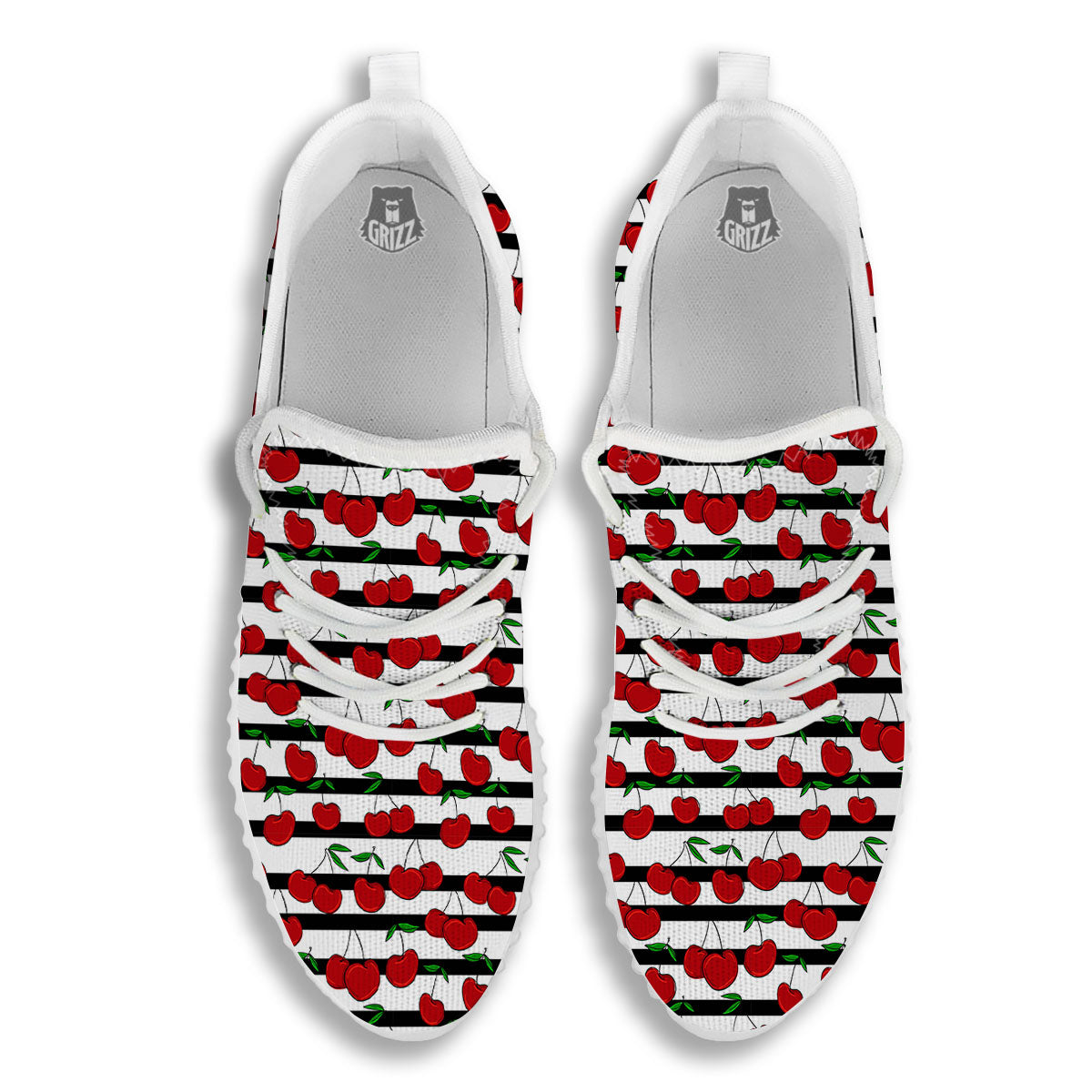 Striped Cherry Print Pattern White Walking Shoes-grizzshop