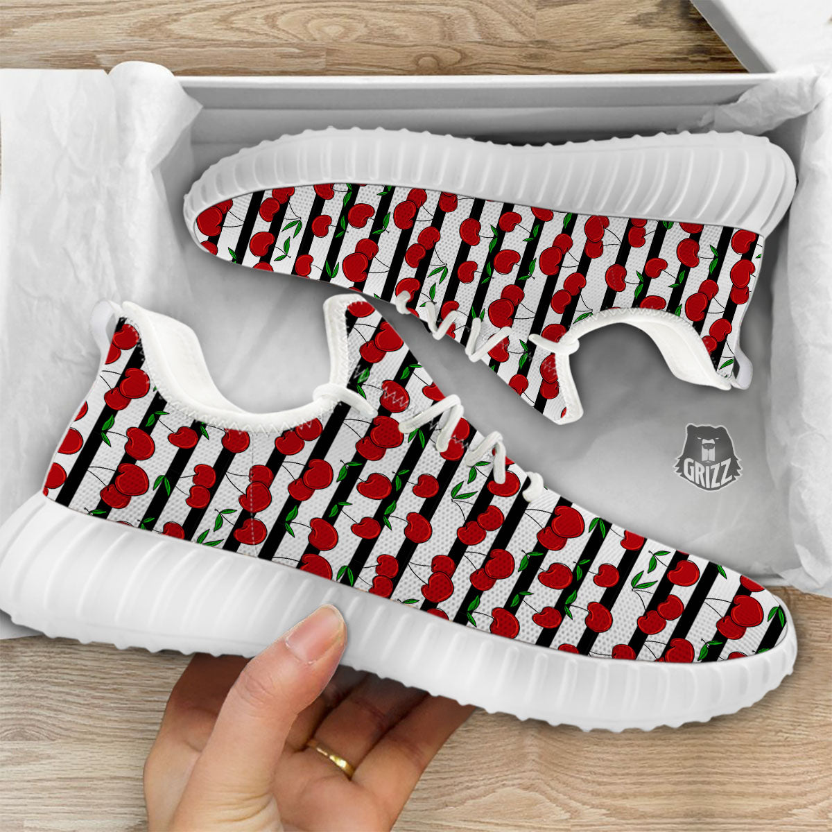 Striped Cherry Print Pattern White Walking Shoes-grizzshop