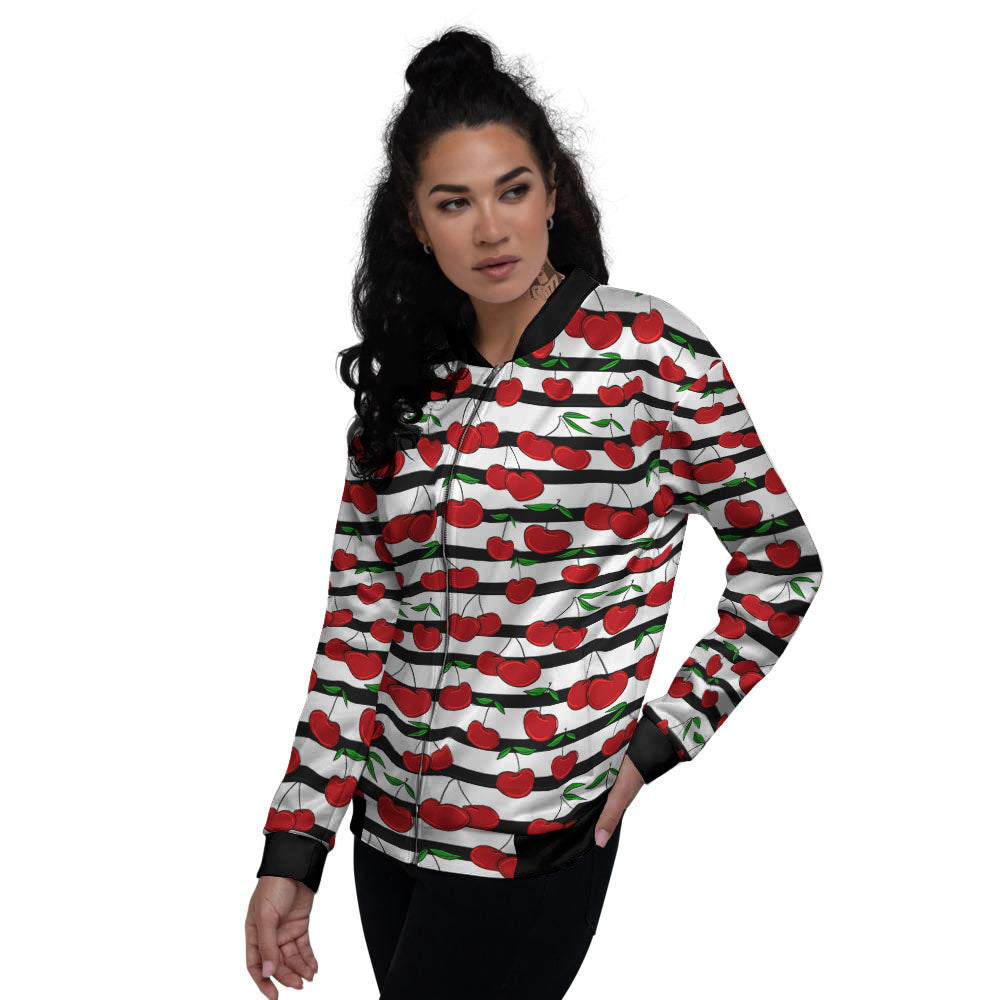 Striped Cherry Print Pattern Women's Bomber Jacket-grizzshop