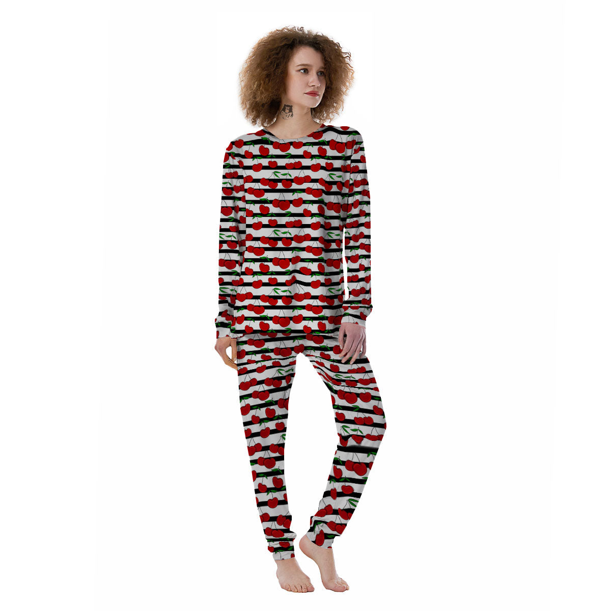 Striped Cherry Print Pattern Women's Pajamas-grizzshop