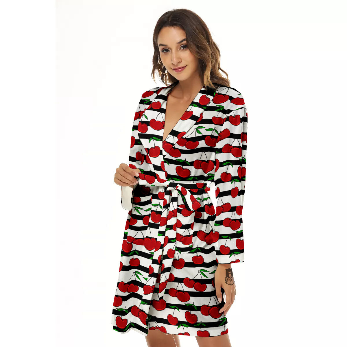 Striped Cherry Print Pattern Women's Robe-grizzshop