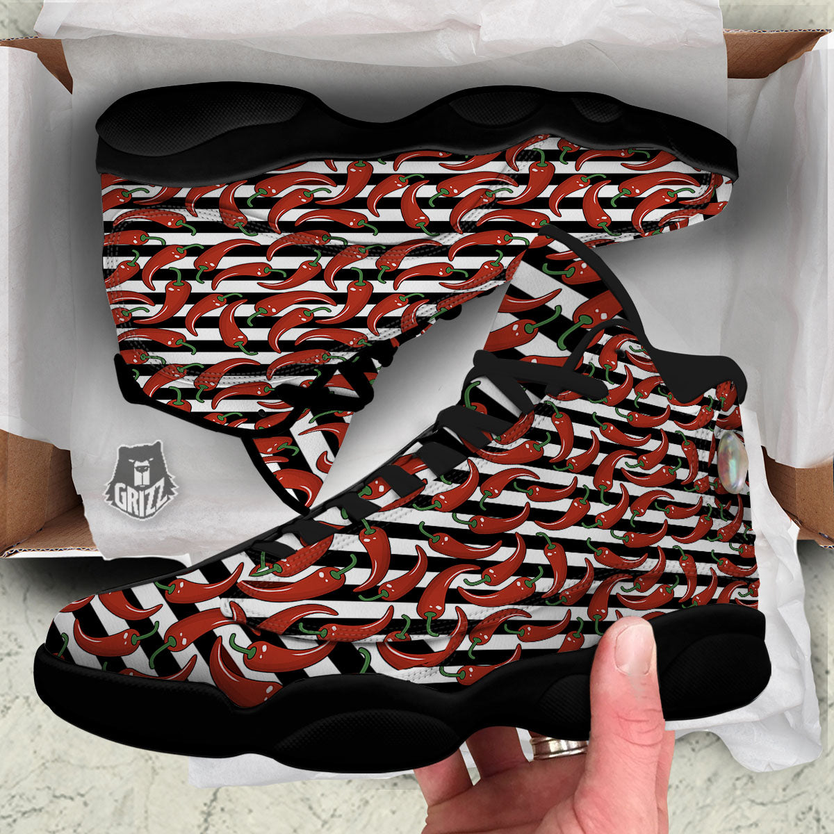 Striped Chili White And Black Print Black Basketball Shoes-grizzshop