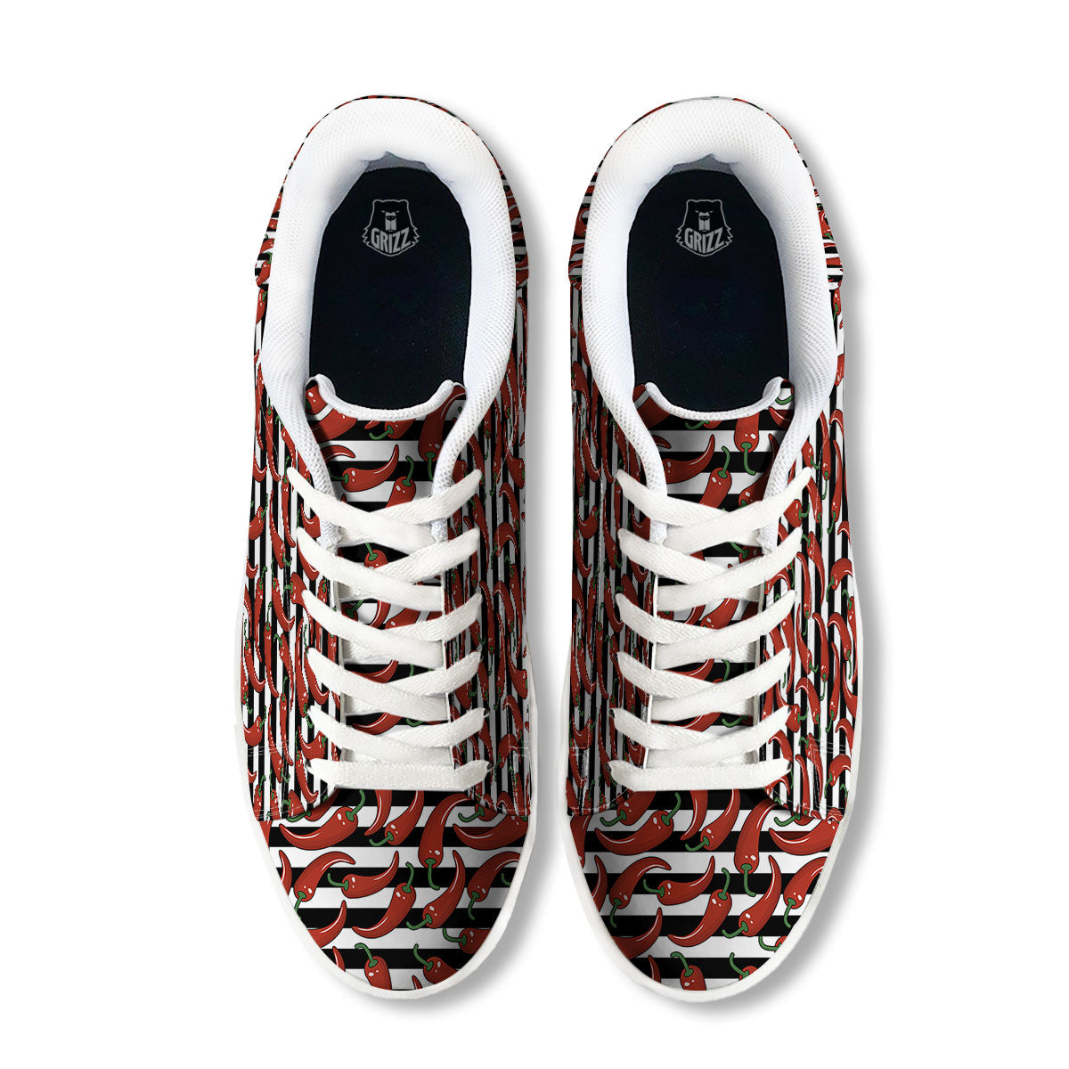 Striped Chili White And Black Print White Low Top Sneakers-grizzshop