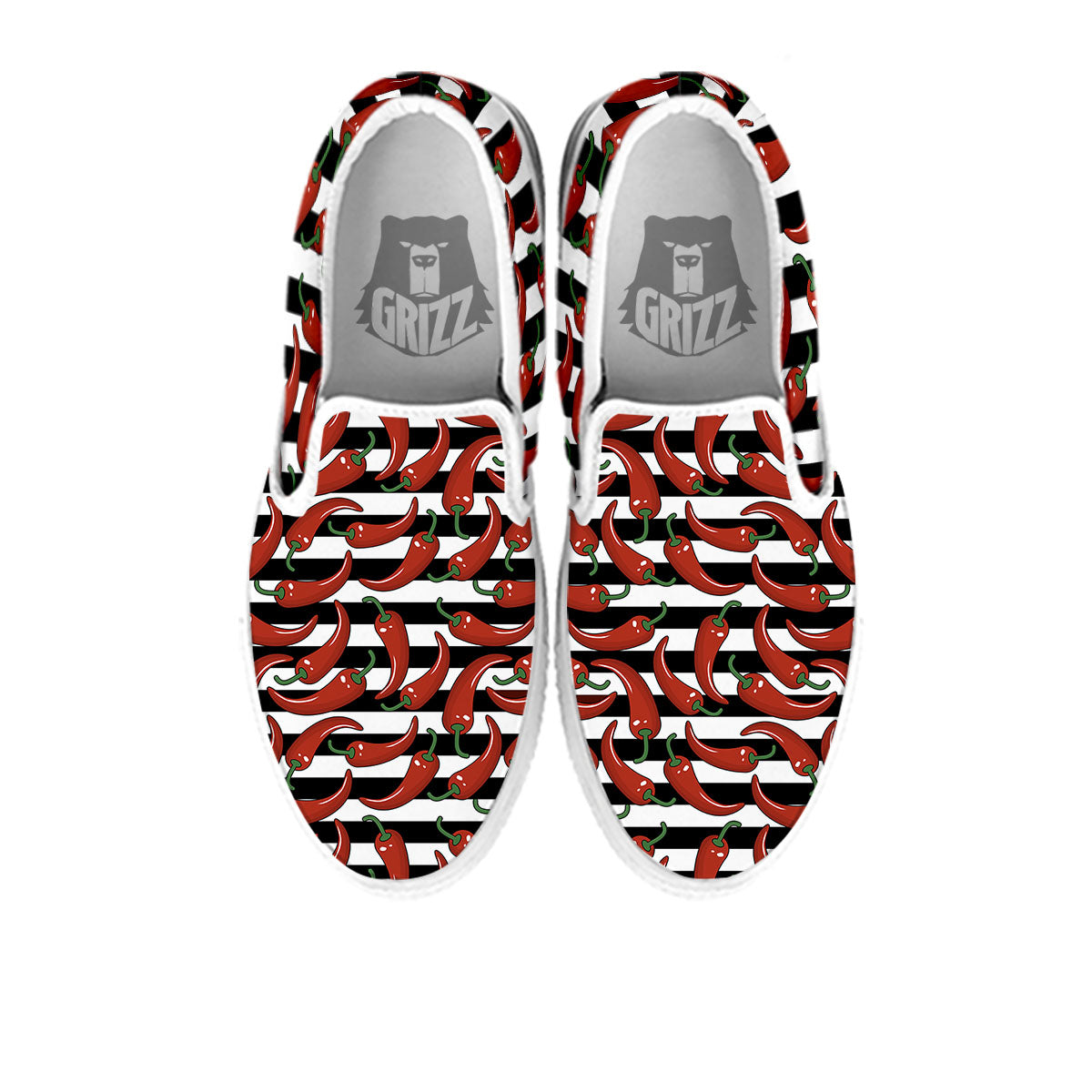 Striped Chili White And Black Print White Slip On Shoes-grizzshop
