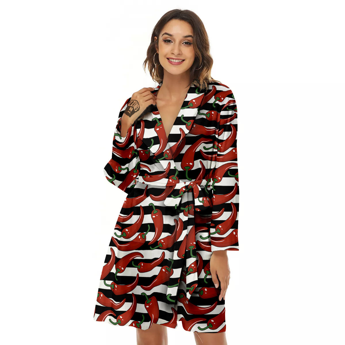 Striped Chili White And Black Print Women's Robe-grizzshop