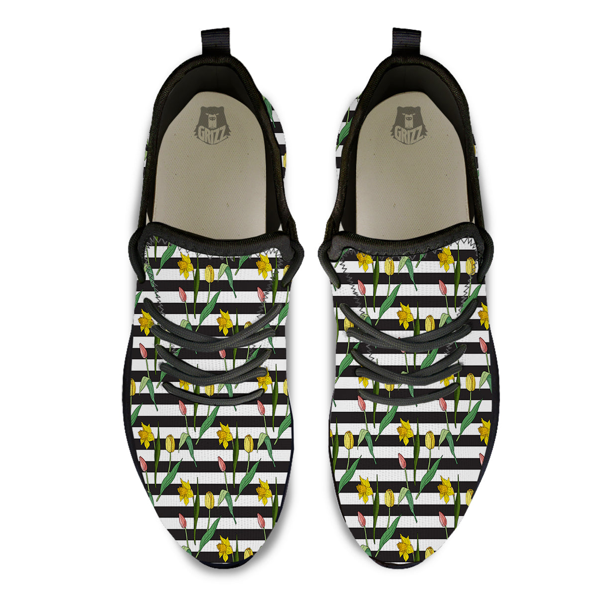 Striped Daffodil Yellow Print Pattern Black Athletic Shoes-grizzshop