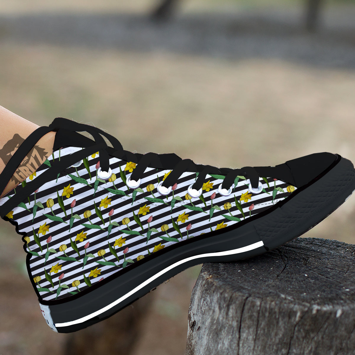 Striped Daffodil Yellow Print Pattern Black High Top Shoes-grizzshop