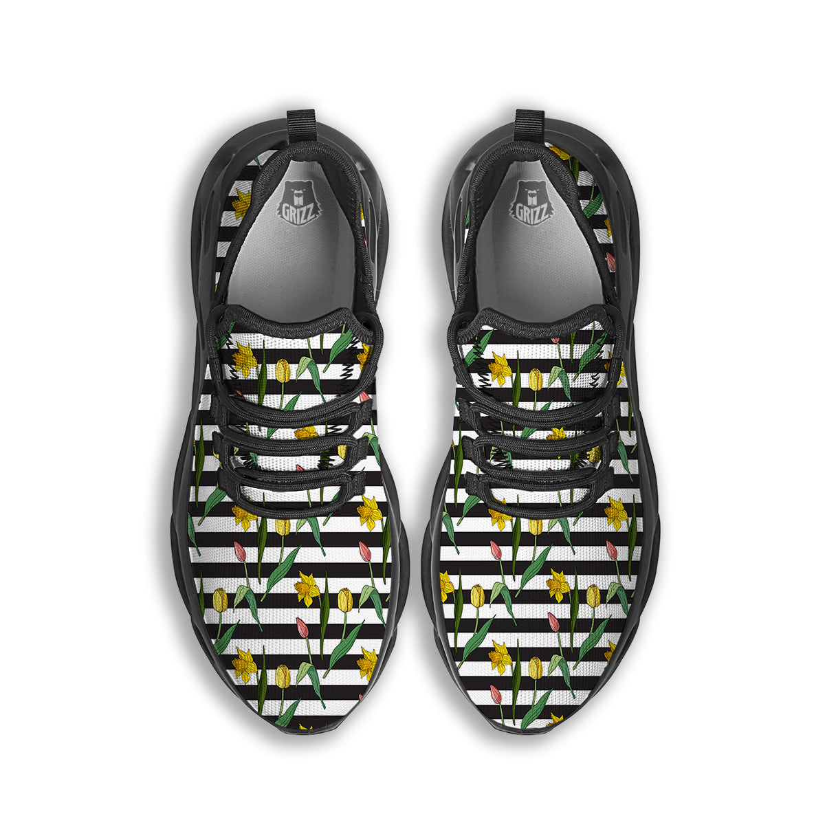 Striped Daffodil Yellow Print Pattern Black Running Shoes-grizzshop