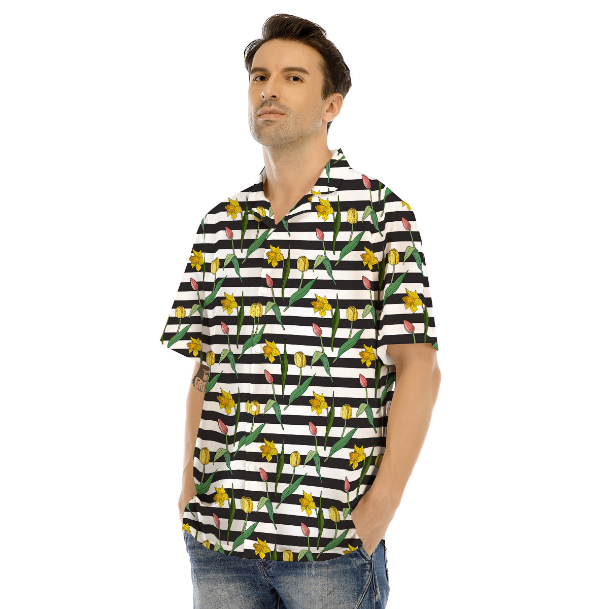 Striped Daffodil Yellow Print Pattern Men's Hawaiian Shirt-grizzshop