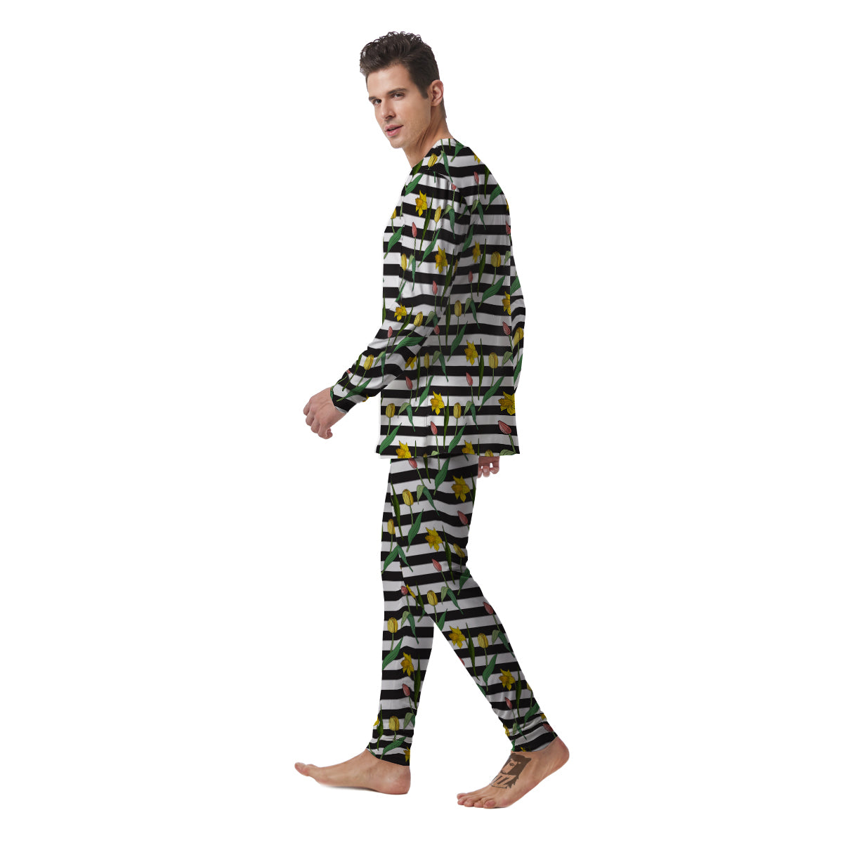 Striped Daffodil Yellow Print Pattern Men's Pajamas-grizzshop