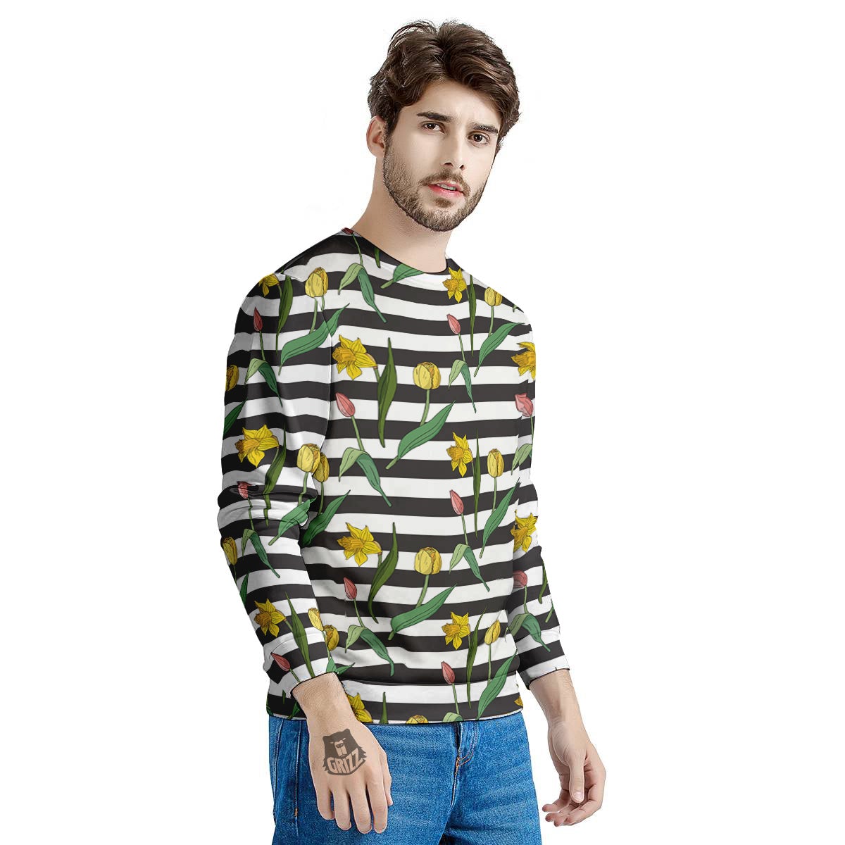 Striped Daffodil Yellow Print Pattern Men's Sweatshirt-grizzshop