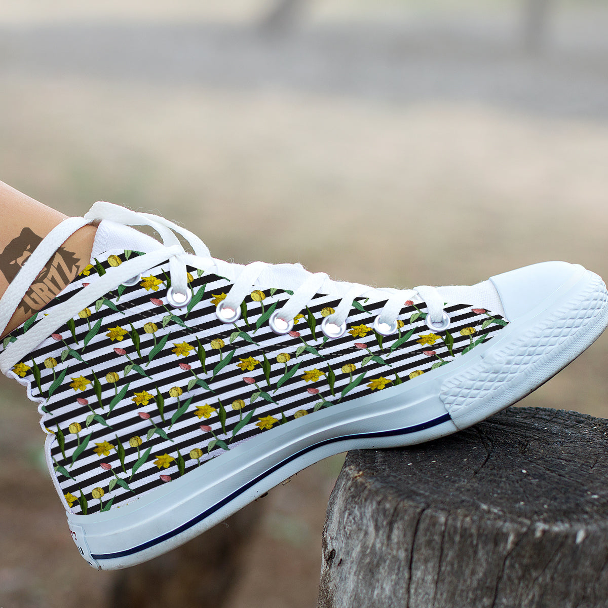 Striped Daffodil Yellow Print Pattern White High Top Shoes-grizzshop