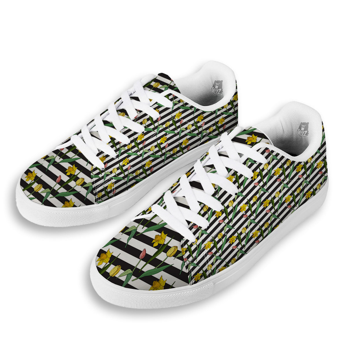Striped Daffodil Yellow Print Pattern White Low Top Sneakers-grizzshop