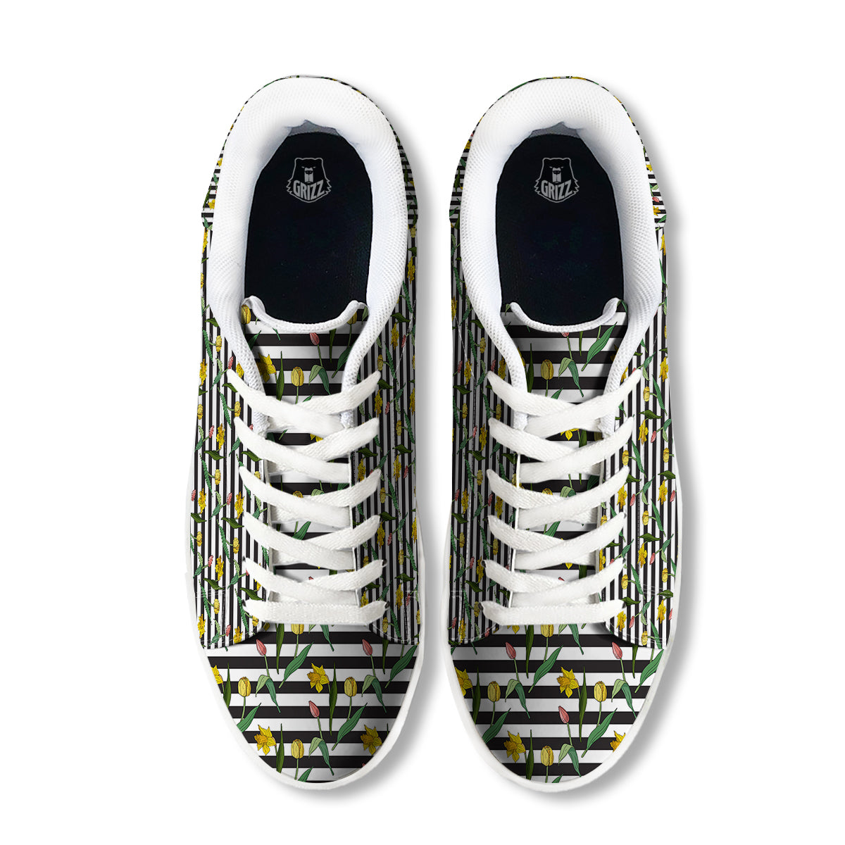 Striped Daffodil Yellow Print Pattern White Low Top Sneakers-grizzshop