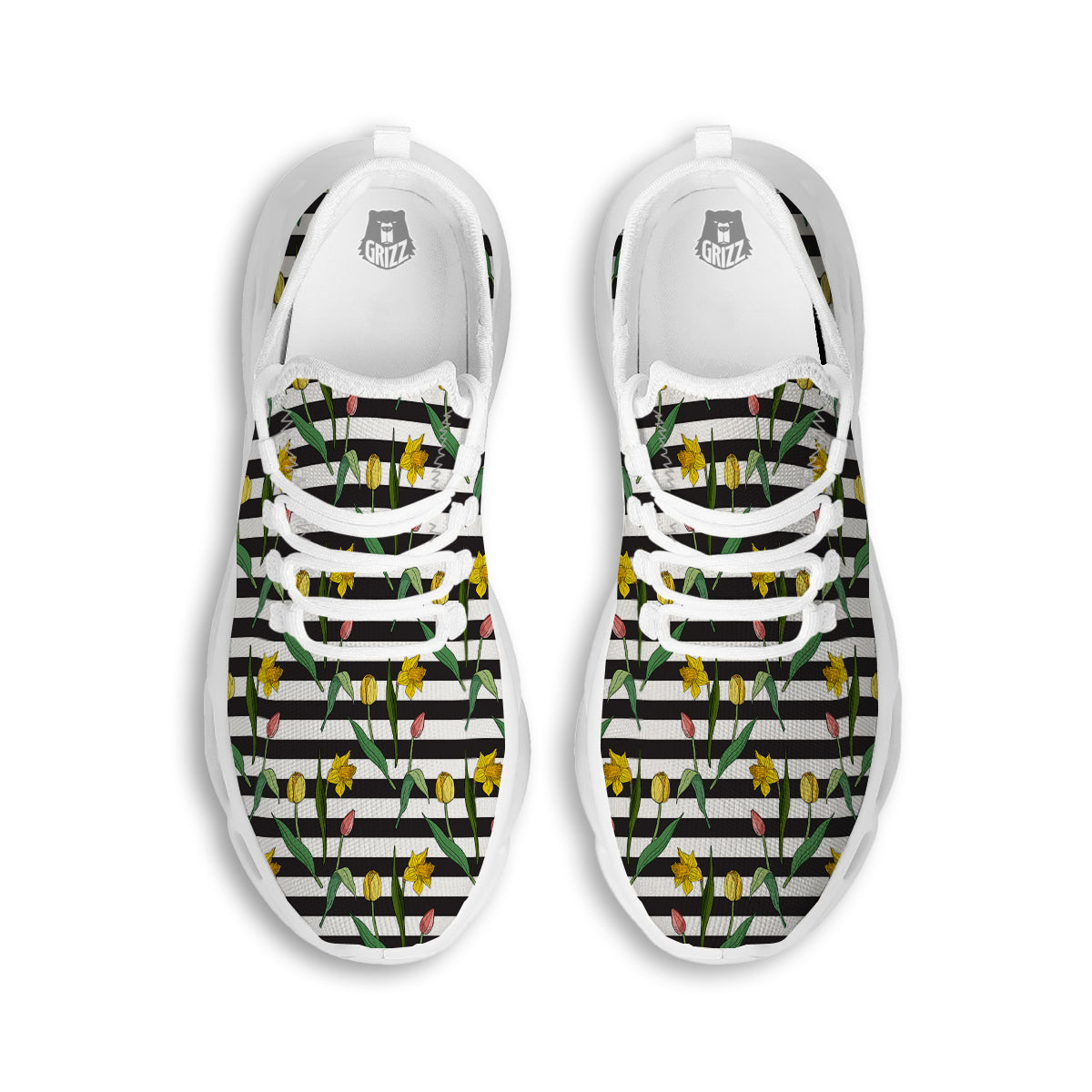 Striped Daffodil Yellow Print Pattern White Running Shoes-grizzshop