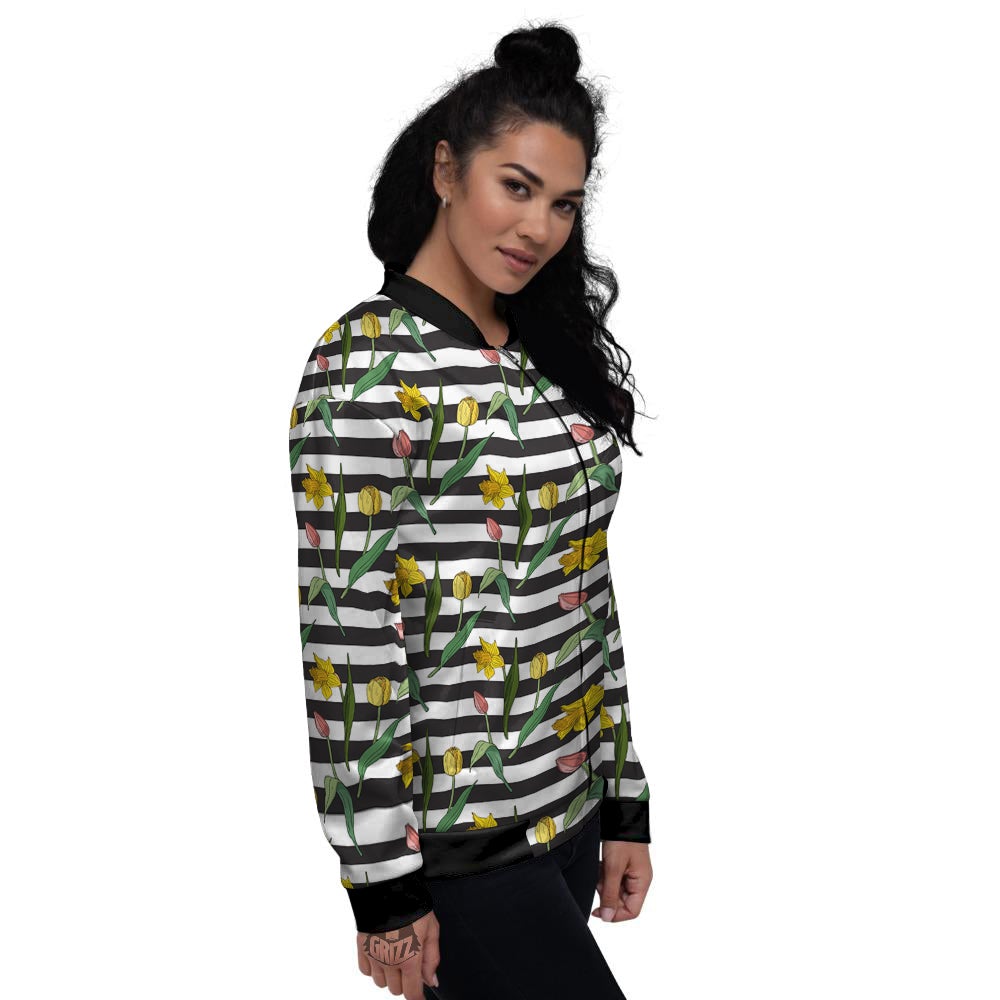 Striped Daffodil Yellow Print Pattern Women's Bomber Jacket-grizzshop