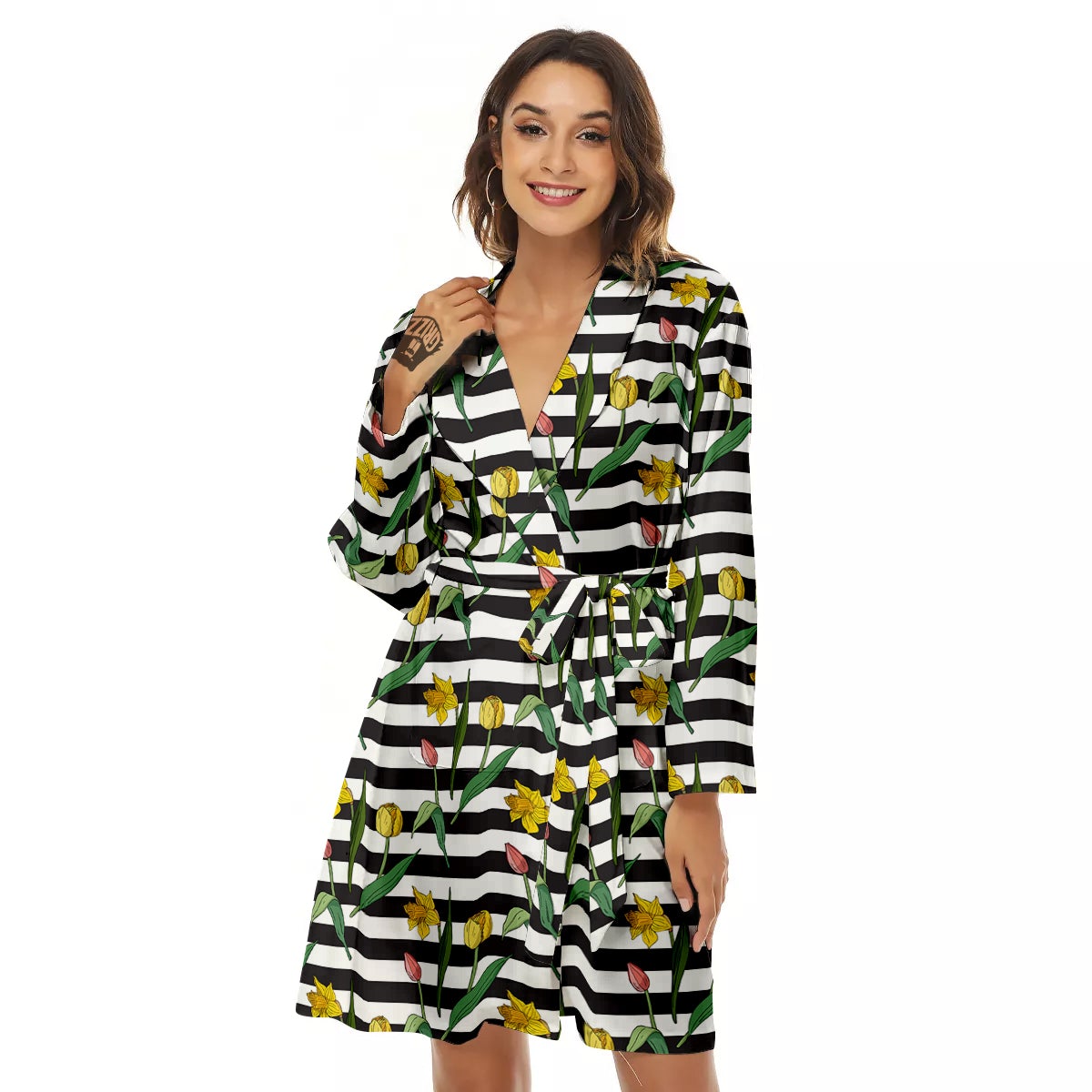 Striped Daffodil Yellow Print Pattern Women's Robe-grizzshop
